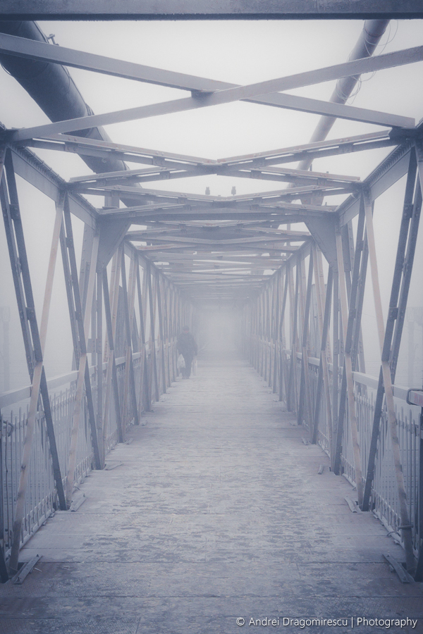 footbridge foot passenger mist fog frost girder traces footprints cold winter
