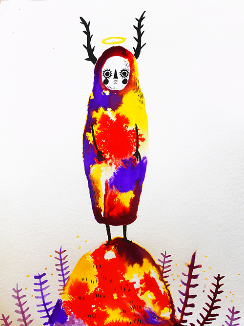 El Salvador traditional folk creature ink watercolor brushpen canvas monsters girl floral plants Demons Diary