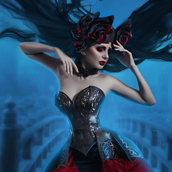dark fantasy witch queen historical dress hair red blue Magic  
