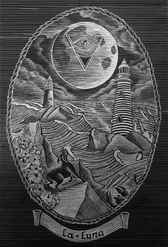 La Luna The Moon moon scratchboard tarot tarotcards etching dark eye waves dog mystical