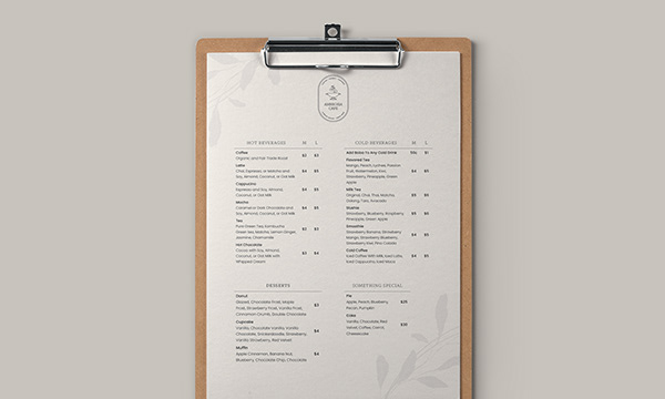 Single Page Menu Design For Vegan Coffee Shop