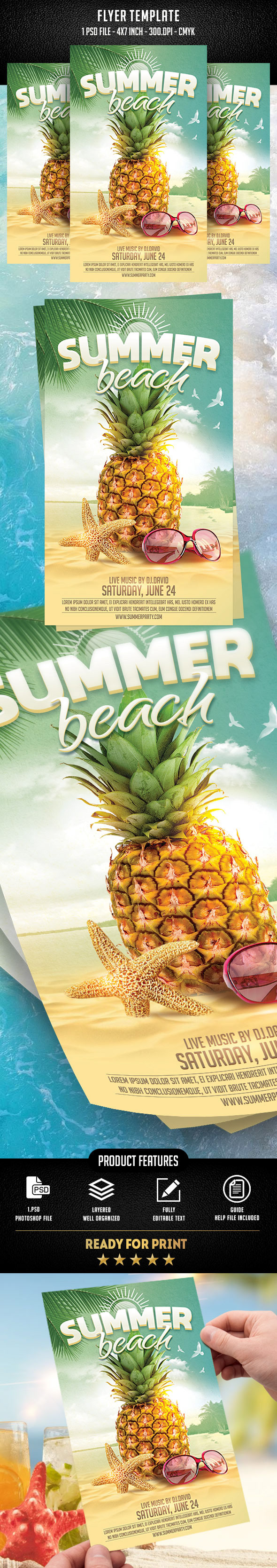 Event flyer Holiday Original poster print psd sand summer beach