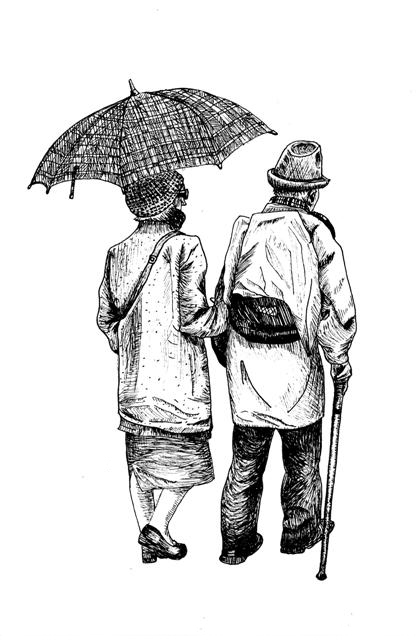 rain regen dest´ old people b/w Street straße Umbrella regenschirm destnik