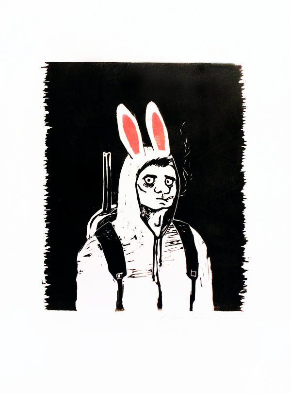 hunter bunny rabbit years costume hoodie Gun Hunting camouflage white rabbit lino Linoprint lino print