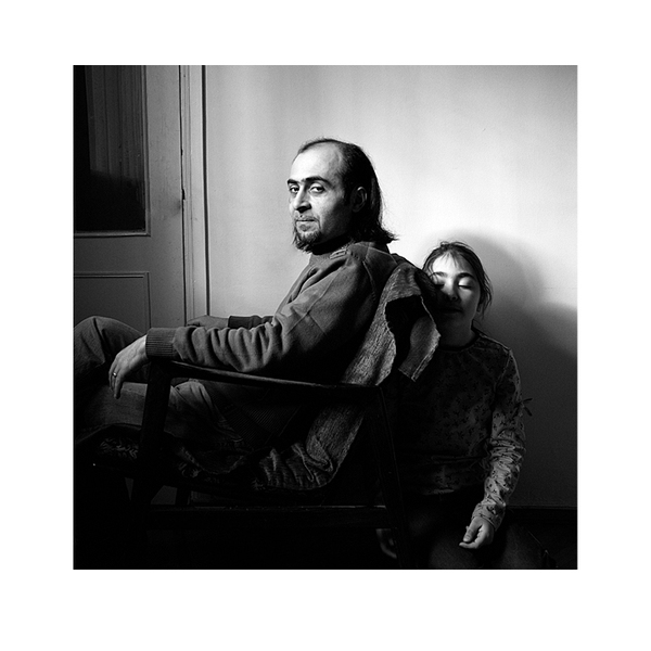 portrait black and white parents DAUGHTER father square format