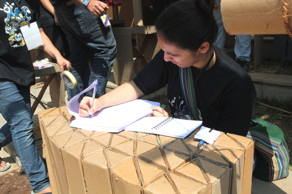 store cardboard college festival student group elephant exhibit product sale corrugated company roof canopy grid