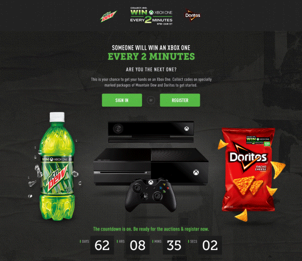 Website site UI ux Mountain Dew doritos firstborn xbox one xbox Games auction every 2 minutes every2minutes