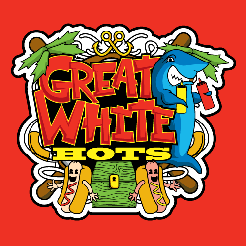 Great White Hots Hot Dogs shark logo type Apparel Design graphic arts identity cart hot dog stand tumbler frisbee characters