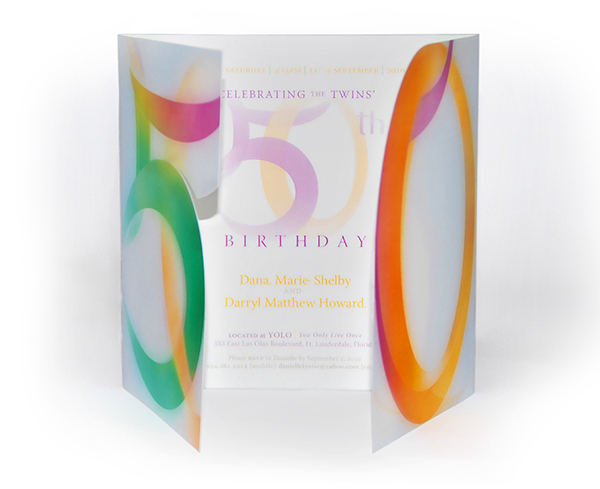Invitation graphic 50 logo Lynise orlando print tri-fold Diecut french fold japanese fold bright interweaving Twins Birthday fiftieth colorful lettering number numbers fifty invite orange green purple blue baby babies