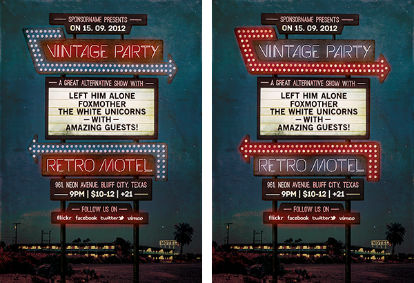 flyer poster print template motel hotel vintage Retro oldies neon light sign night indie rock gig
