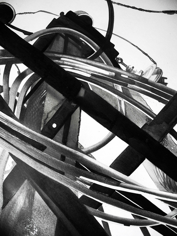 pillars Pole industrial cityscape pencil ink paper black and white allween Alvina Denisenko