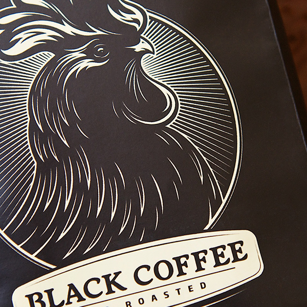 black Coffee logo identity Rooster Retro vintage Roaster beans package design