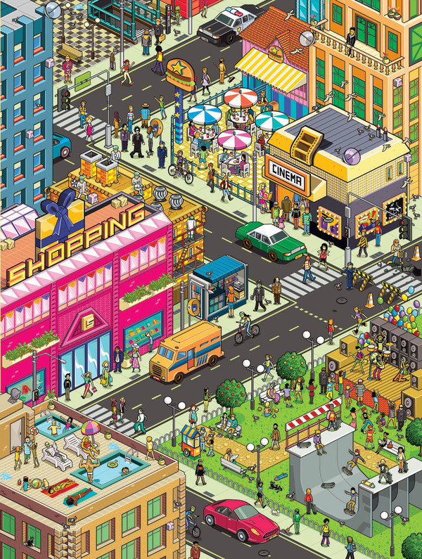 Pixel art map Isometric Where Is Wally detail cityscape Landscape seek and find rod hunt IC4Design