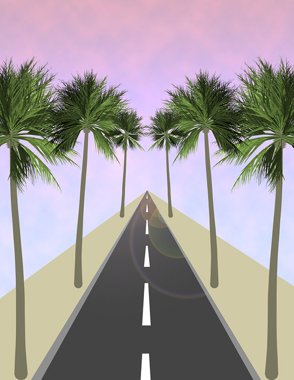 Palm Tree palm Tree  sunset one point perspective Perspective pink green purple Street