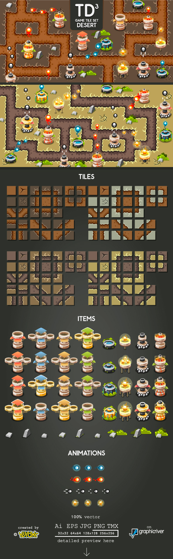 Isometric desert tilesets game castled brown vector top-down dirt tower defence