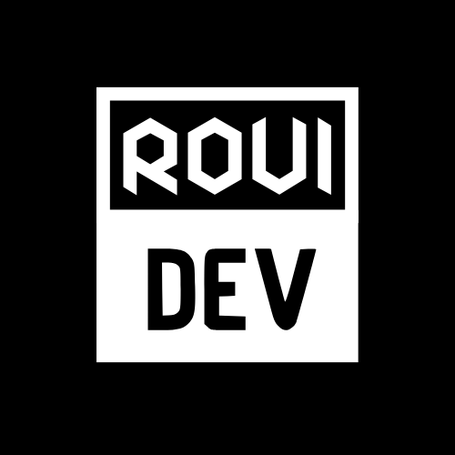 RoviDev logo design in black and white color palette.