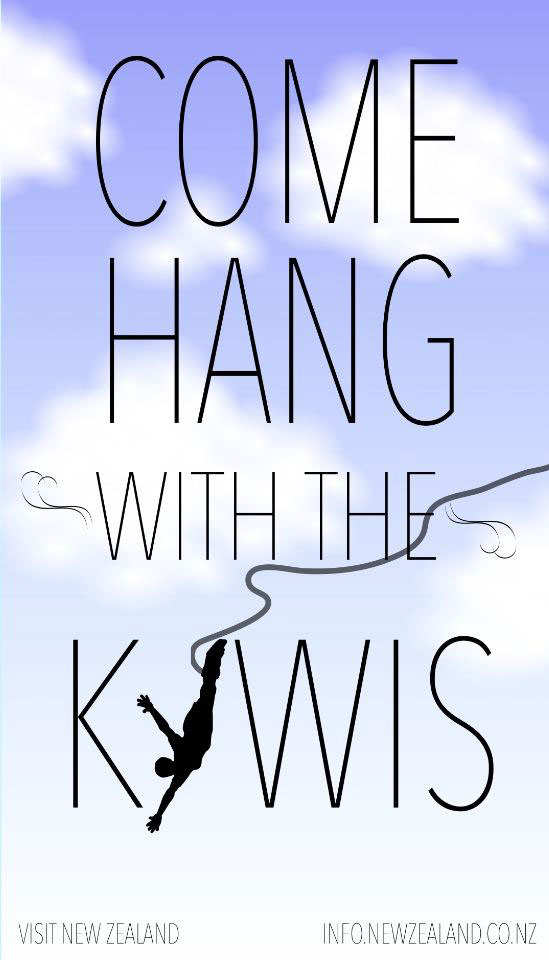 New Zealand visit kiwis Hang Bungee jumping scorpion no scorpions Travel poster