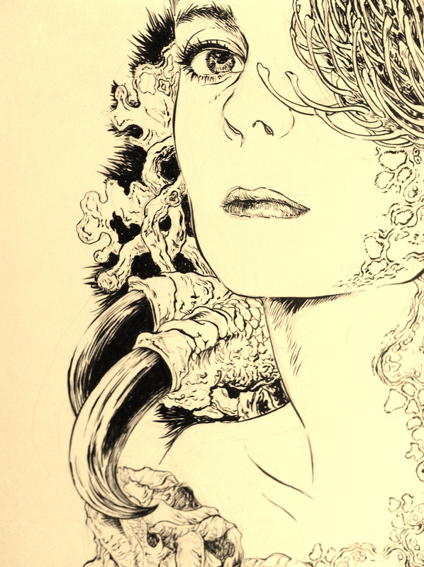 art illust flower Lady pen ink draw White black