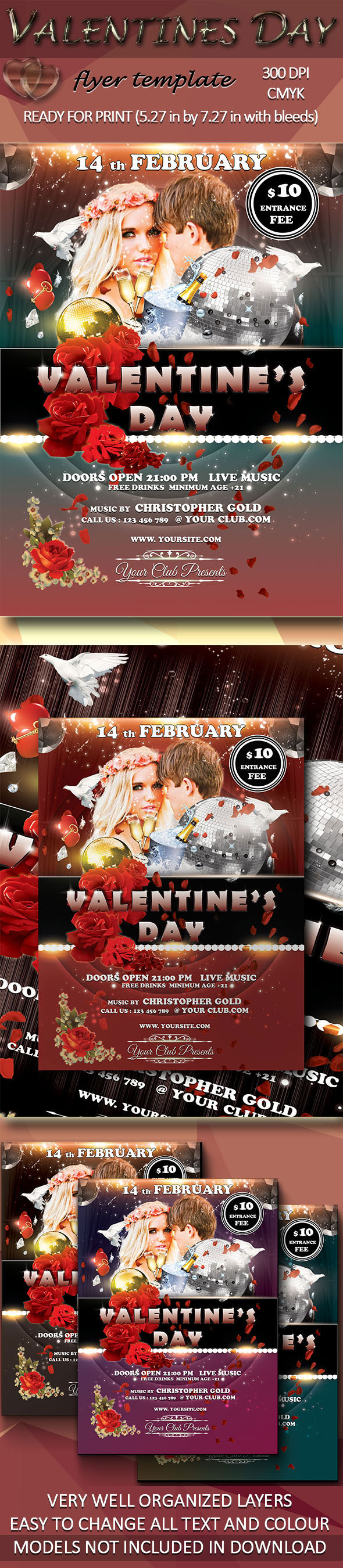 valentine flyer stylish rose petals glamour hearts romantic anniversary Invitation party psd Glitter