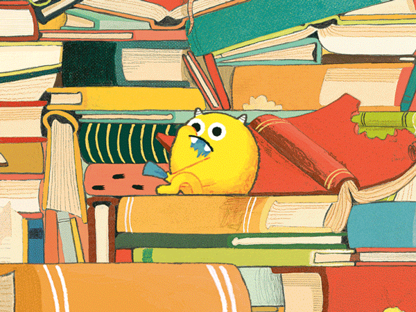nibbles monster books library book trailer kids chomp Eating  yellow horns type