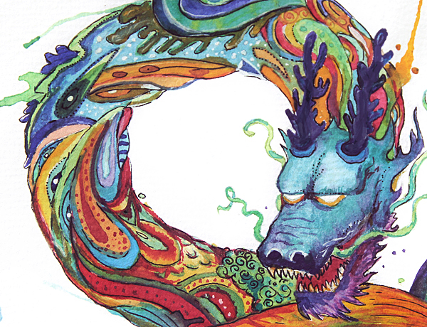 watercolor colourfull psychedelic dragon mixed media