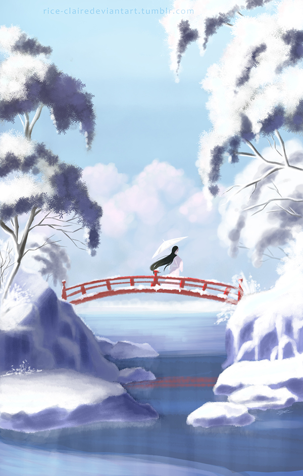 Red Bridge digital painting snow winter