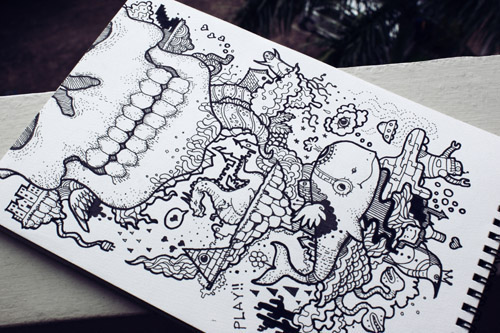 sketch sketchbook manual hand ink pen pencil Character Dino animal robot doodle draw flower black White