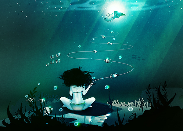mermaid underwater aquarium fish Kite girl sea Ocean digital bubbles