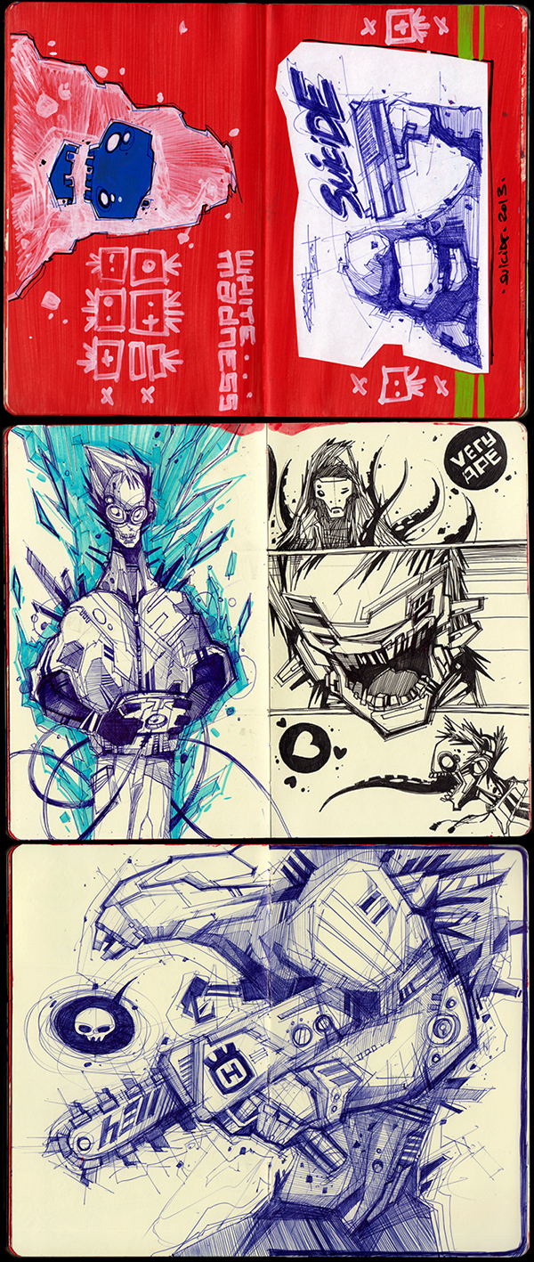 sketch book moleskine pen markers sketchbook robot Character chaos Comix doodles linear art ballpoint