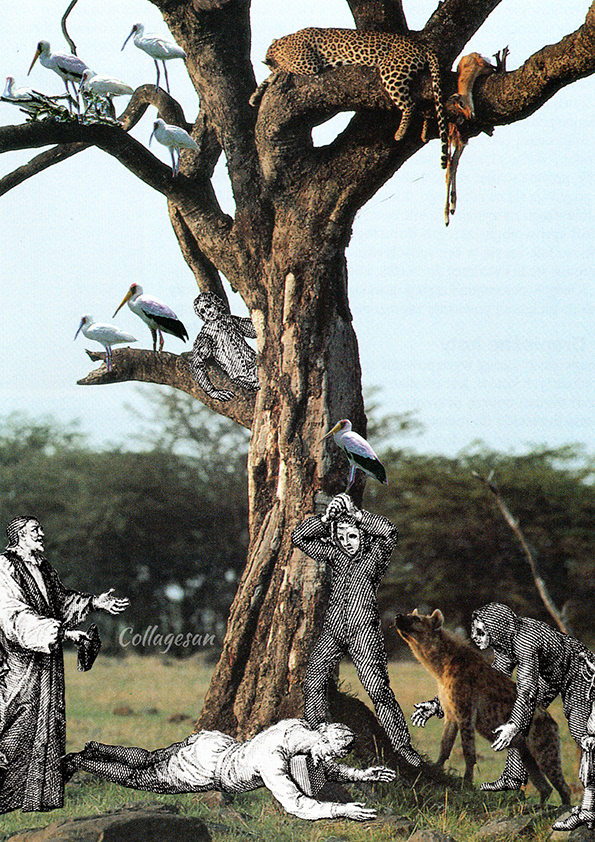 Handmade collage with people, executioner, storks, hyena, cheetah, savanna.