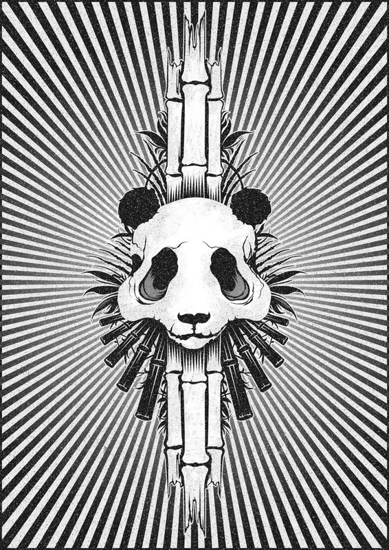 bamboo bones Panda  skull Extinction black and white art print poster vector