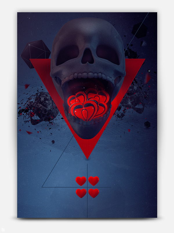 Creative Cards  four  heart  skull lysergid blue  red
