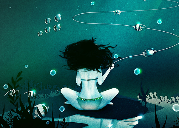 mermaid underwater aquarium fish Kite girl sea Ocean digital bubbles