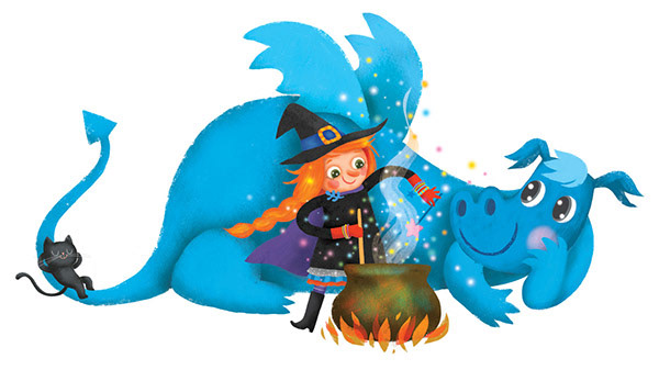 ILLUSTRATION  childensbook bilingual personalized colorful cute witch dragon fairytail happiness