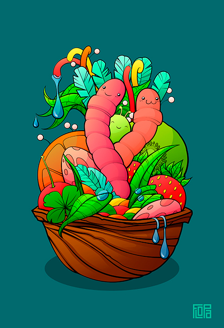 worms Nature wormys Insects gusanos nuez nut feathers Plumas colors colorful strawberrys frutillas vector tatoo