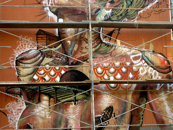 Mural wall painting Graffiti Figure art public art bees breasts bridge spray paint lofts josh wigger