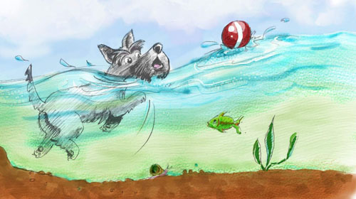 Puppy swiming learning to swim digital watercolor