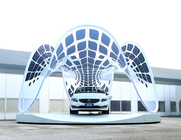 Volvo solar power photovoltaic Portable Pavilion minimal surfaces Sustainable