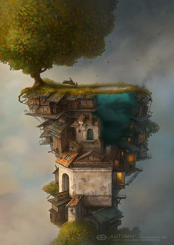 gedomenas  gediminas pranckevicius  surreal concept art train Tree  pig Character bird house clouds waterfall wolf rembrandt robot