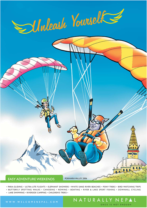 Rhino nepal weekend golf paragliding meditation bungy romance Shopping party pilgrimage Holiday natural Fun print ad