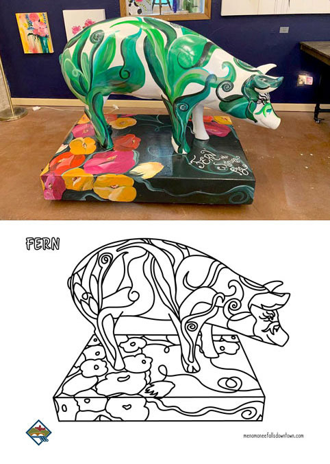 Illustrated coloring page of a painted sculpture.