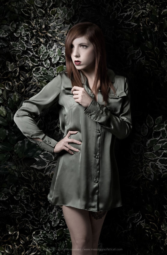 SILK satin blouse Nature green darkness dark pockets leaves girl portrait lighting studio shirt