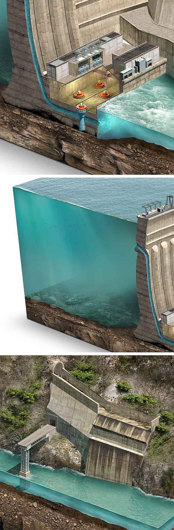 hpp hydroelectric power station cut-away dam power supply гэс construction cutaway scheme weir Russia 3D Render industry