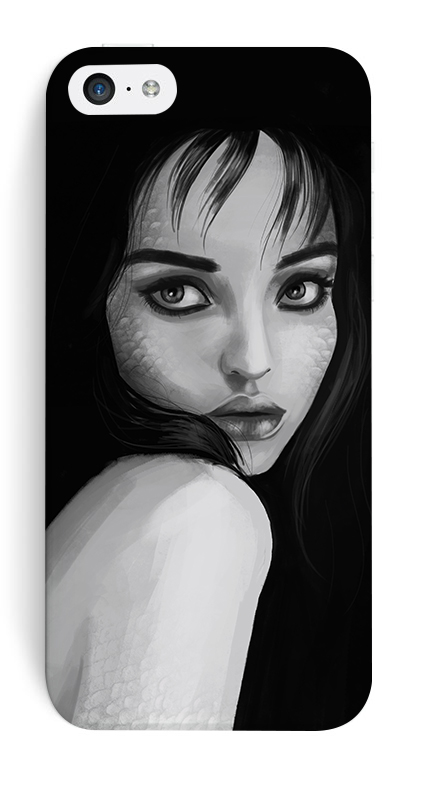 mermaid art 2d digital black and white grey scale black eyes black hair Ink and Pencil