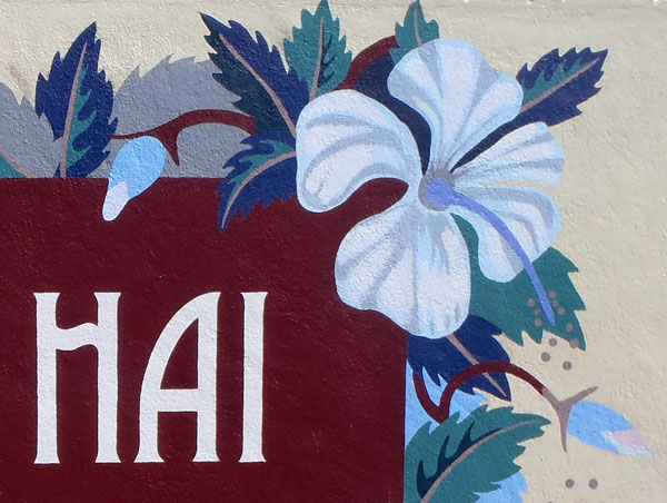 Signage hibiscus flower floral border blue Bali Hai sign motel Mural