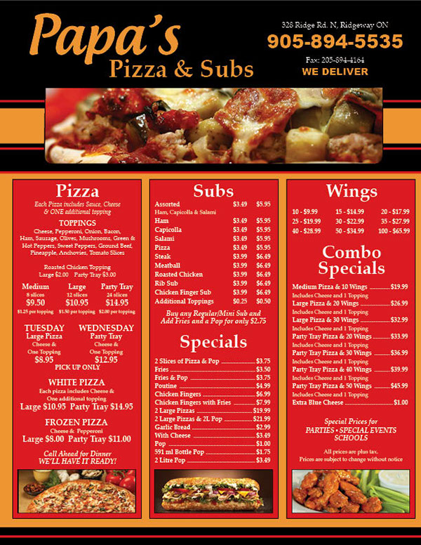 menus harvey's swiss chalet Ten-Der Pizza Papa's Pizza Rocco&apos...