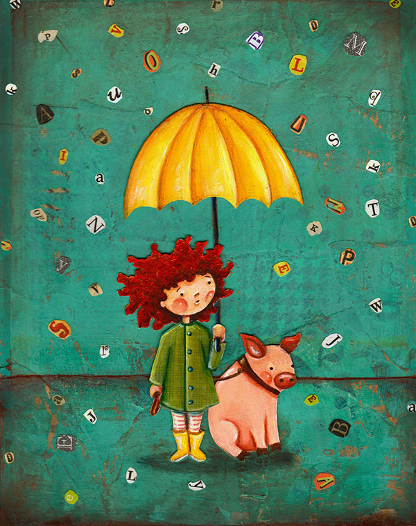 Picture book children's book children's art rain Umbrella alphabet nessa dee mixed media