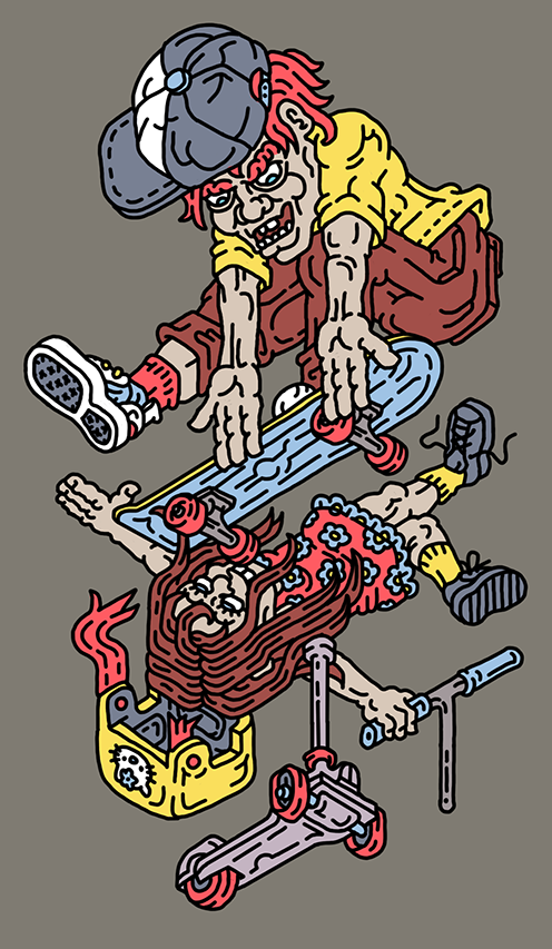 cartoon comic Isometric lineart Scooter scooterkid Sk8 skate sticker characterdesign