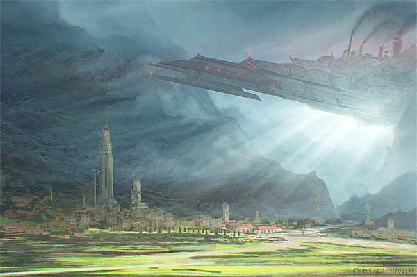 ship spaceship steamship sci-fi science fiction mickael forrett MEO village valley Landscape