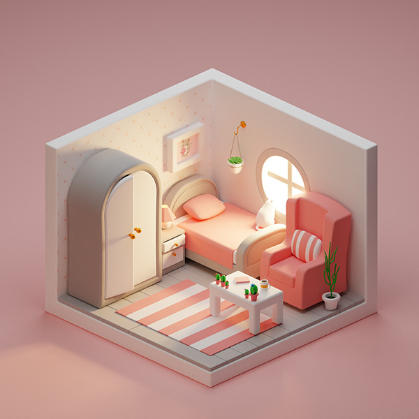 3D Isometric Cute Bedroom (Pink Version)